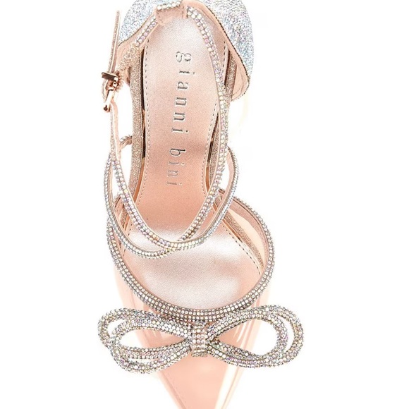 Ezlynn Clear Rhinestone Embellished Bow Pointed Toe Pumps- Rose Gold - Picture 5 of 8